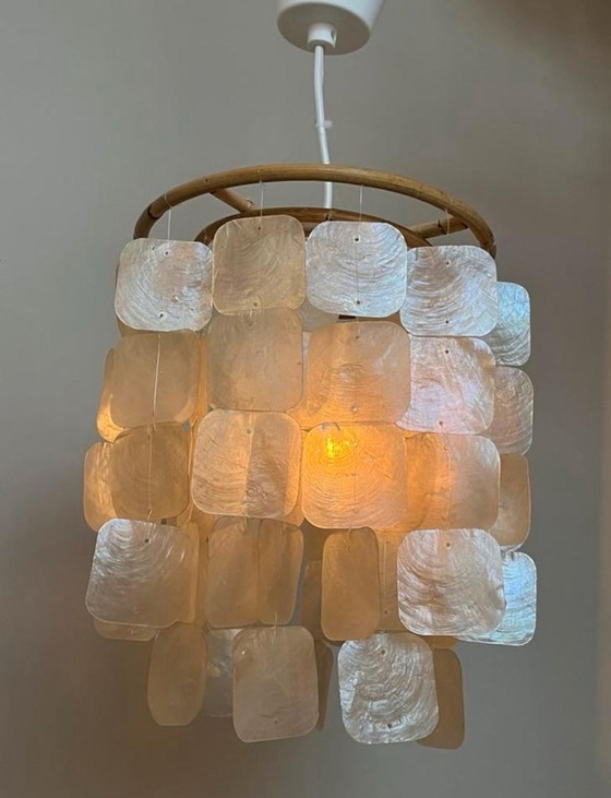 Image 1 of Set Of 2 Capiz Shell Pendant Lamps Shell Pearl Bamboo Frame White Wiring Upholstered