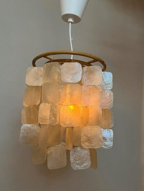 Image 1 of Set Of 2 Capiz Shell Pendant Lamps Shell Pearl Bamboo Frame White Wiring Upholstered