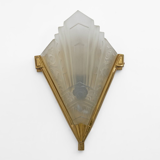 Four Of Art Deco Pressed Glass And Brass Sconces, France, 1930S