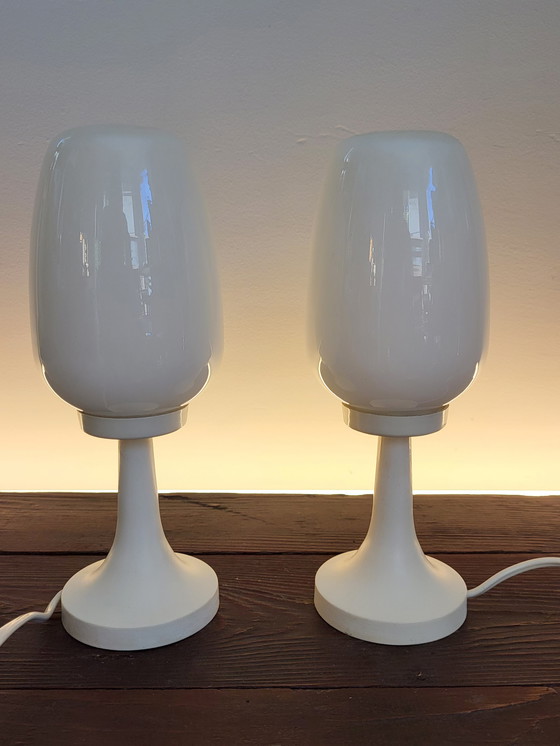 Image 1 of Space age set of table lamps, with a glass oval-shaped shade and plastic base, 1960s