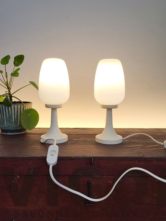 Image 1 of Space age set of table lamps, with a glass oval-shaped shade and plastic base, 1960s