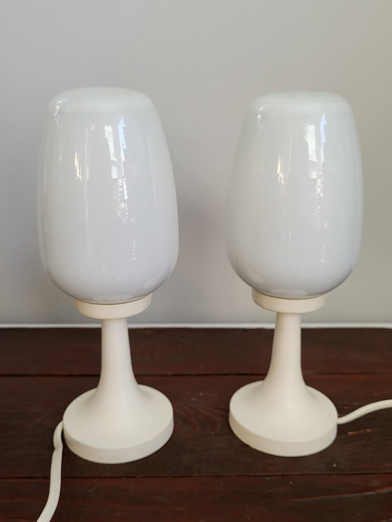 Image 1 of Space age set of table lamps, with a glass oval-shaped shade and plastic base, 1960s