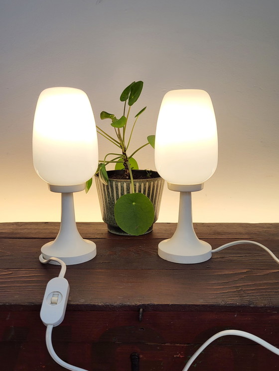 Image 1 of Space age set of table lamps, with a glass oval-shaped shade and plastic base, 1960s