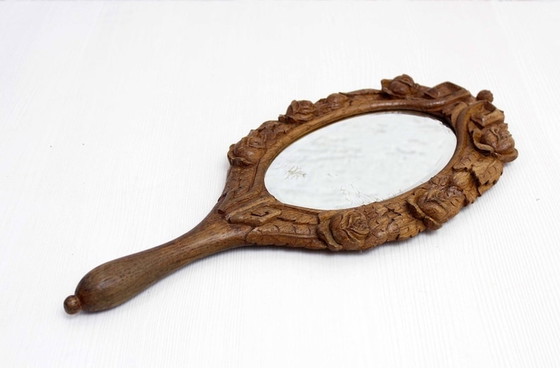 Image 1 of Carved solid oak hand mirror XIX