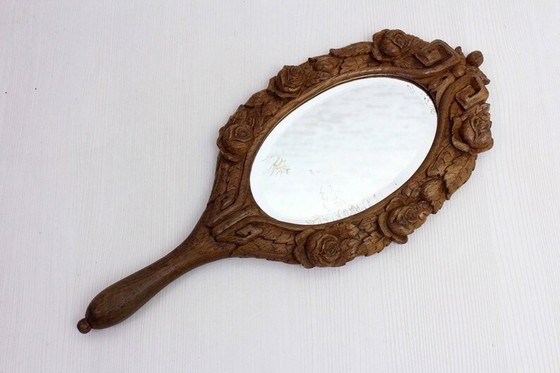 Image 1 of Carved solid oak hand mirror XIX