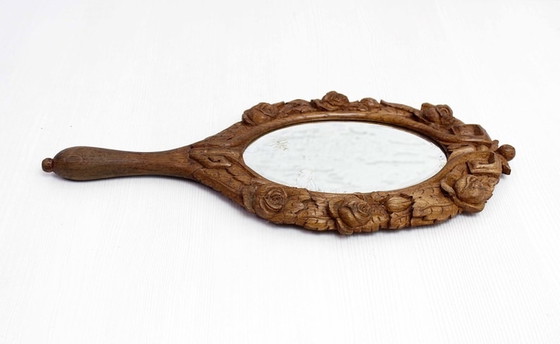 Image 1 of Carved solid oak hand mirror XIX