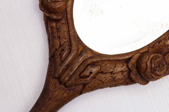 Image 1 of Carved solid oak hand mirror XIX