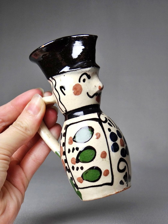 Image 1 of Miniature Hungarian Antique Earthenware Enameled Folk Art Miska Pitcher