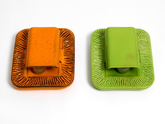 Image 1 of Pair of orange and green glazed 1960s ceramic wall lights by Kaiser Leuchten