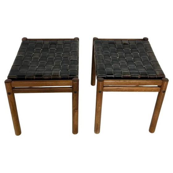 Image 1 of Pair of vintage stools in wood and brown leather