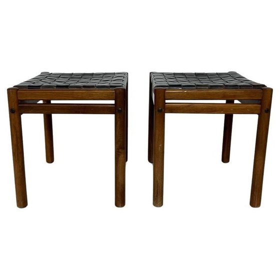 Image 1 of Pair of vintage stools in wood and brown leather