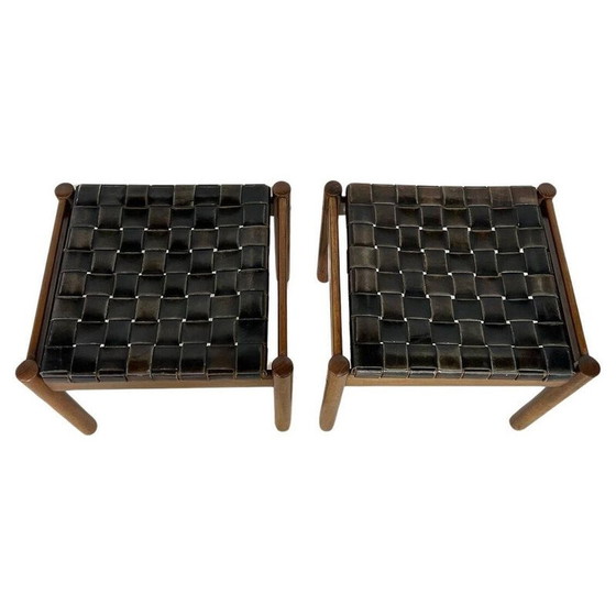 Image 1 of Pair of vintage stools in wood and brown leather