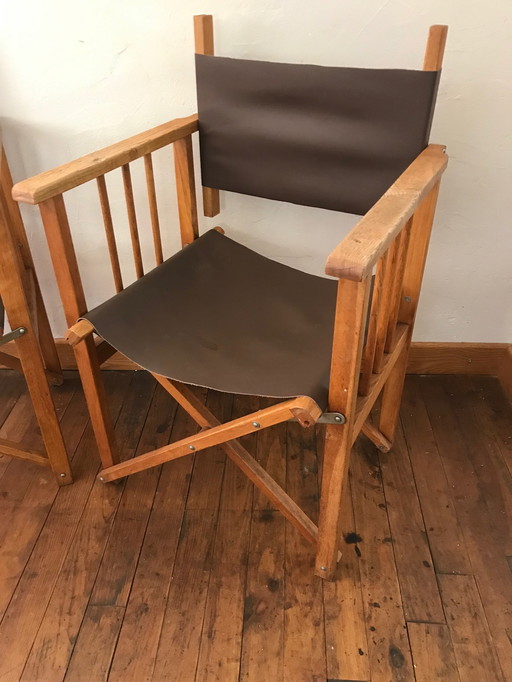 Wood and Leather Safari Folding Armchairs