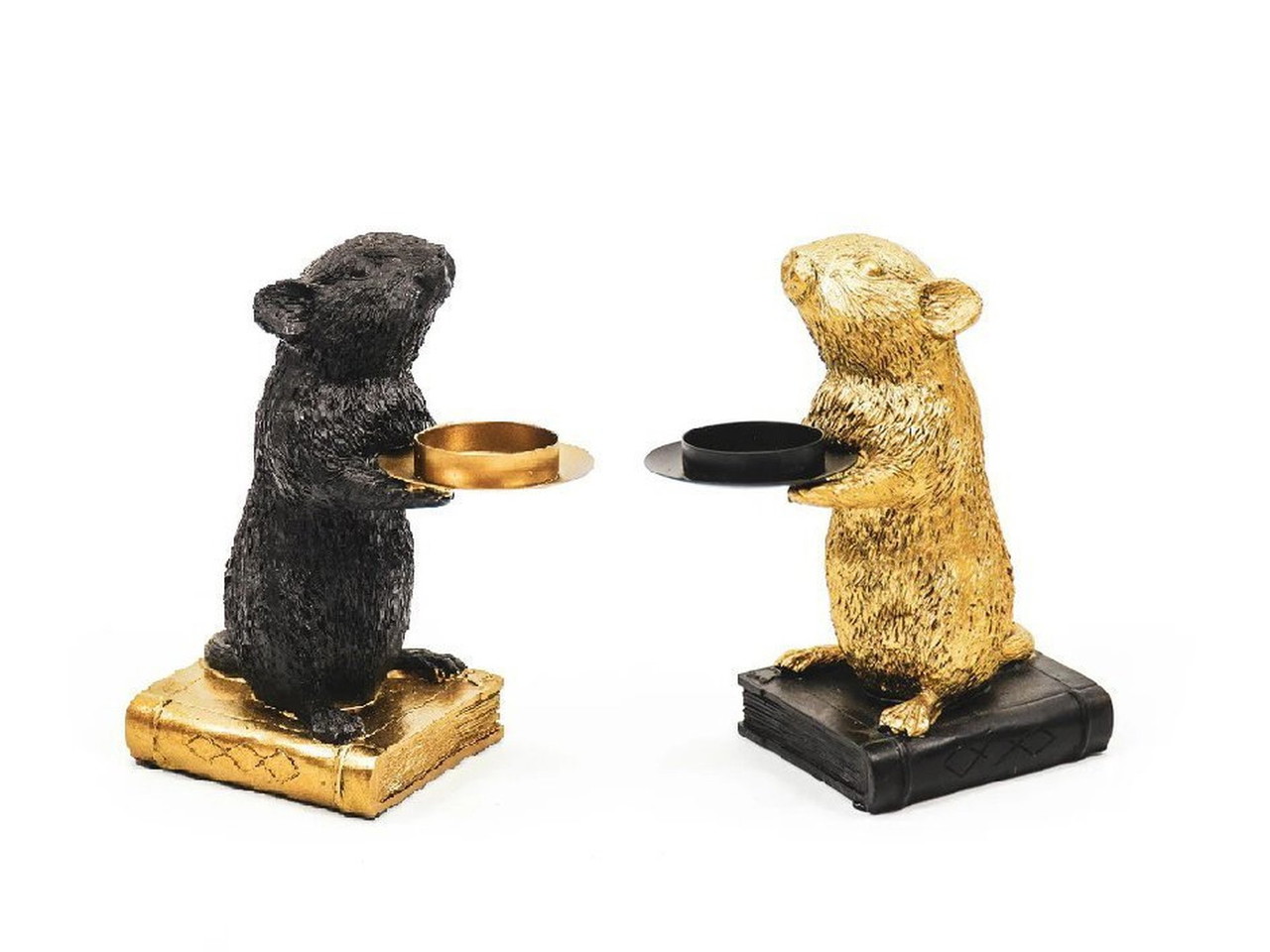 2 portacandele a forma di topo nero e oro