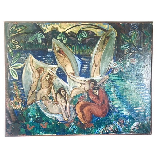 André Léon Chabert Cubist Painting Representing Nude Women Bathing