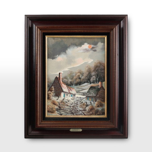 Dipinto firmato del XX secolo raffigurante un paesaggio con vecchie case