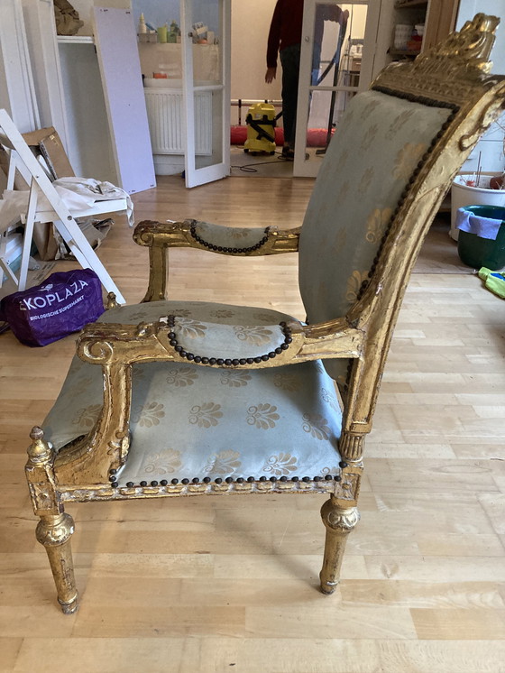 Image 1 of Heavy Antique Chair , Gilded Wood, Beautiful Gave Fabric