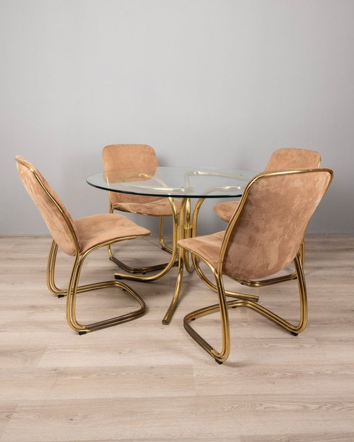 Set Of 4 Vintage 70S Chairs And Table In Golden Metal
