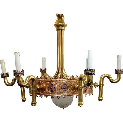 Vintage gold plated and enameled chandelier by artist Jozsef Engelsz, 1970