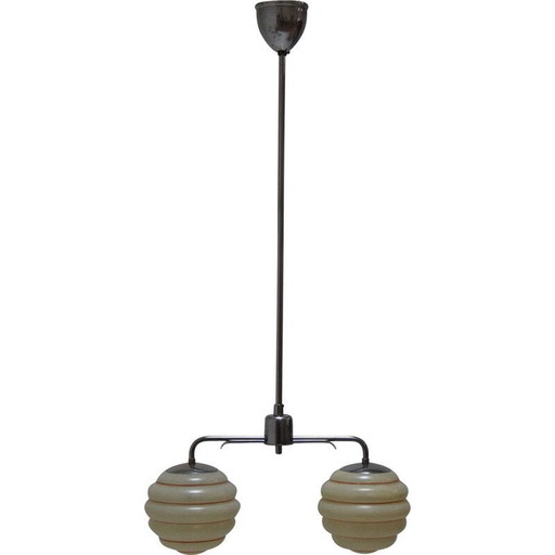 Vintage glass and chrome pendant lamp, Czechoslovakia 1950