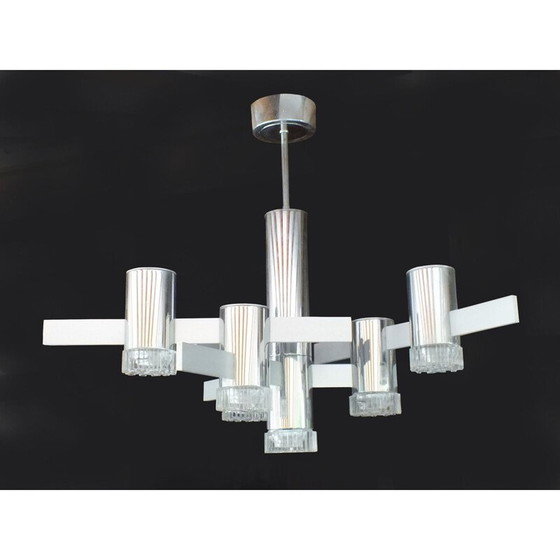 Image 1 of Lampadario vintage in alluminio e vetro cromato di Gaetano Sciolari, Italia 1970