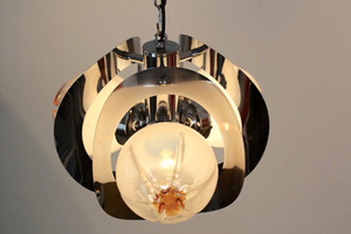 A.V. Mazzega geometric chrome and frosted glass chandelier