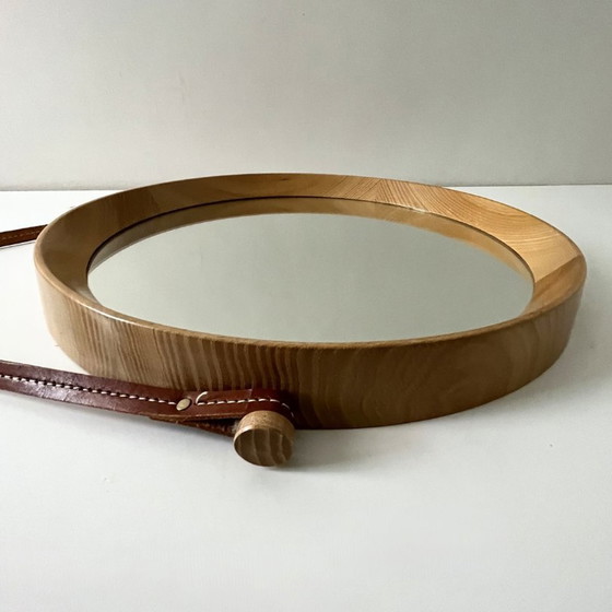 Image 1 of Teak Wall Mirror, Round With Leather Band - Midcentury, Sweden