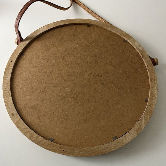 Image 1 of Teak Wall Mirror, Round With Leather Band - Midcentury, Sweden