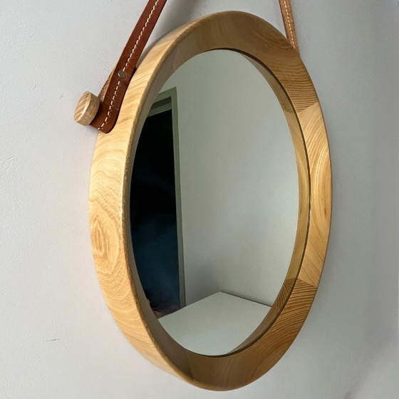 Image 1 of Teak Wall Mirror, Round With Leather Band - Midcentury, Sweden