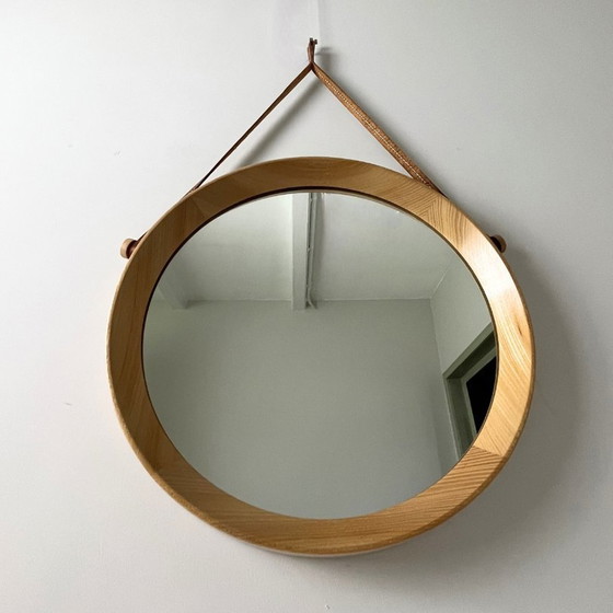 Image 1 of Teak Wall Mirror, Round With Leather Band - Midcentury, Sweden