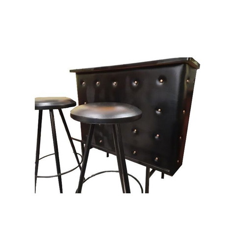 Vintage black metal and leatherette bar set, 1950
