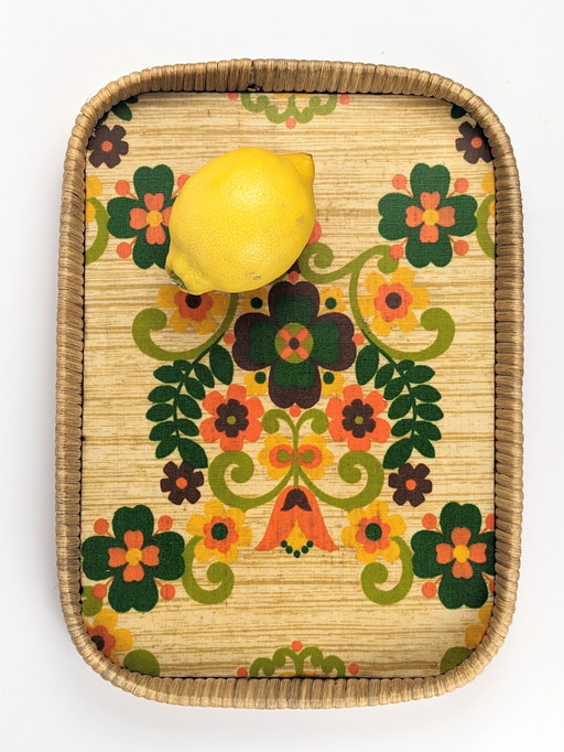 1970S Floral Tray | Rattan And Plastic