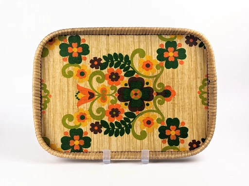 1970S Floral Tray | Rattan And Plastic