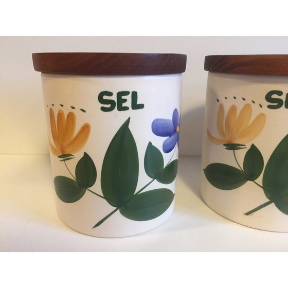 Image 1 of Set of 3 vintage ceramic and wood spice jars