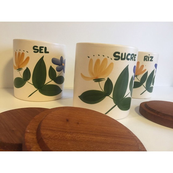 Image 1 of Set of 3 vintage ceramic and wood spice jars