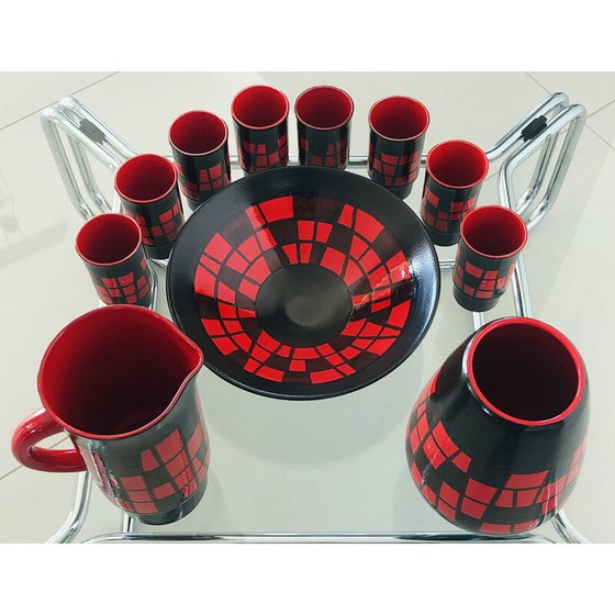 Image 1 of Vintage pear-shaped vase in red and black ceramic by Elchinger, France 1960