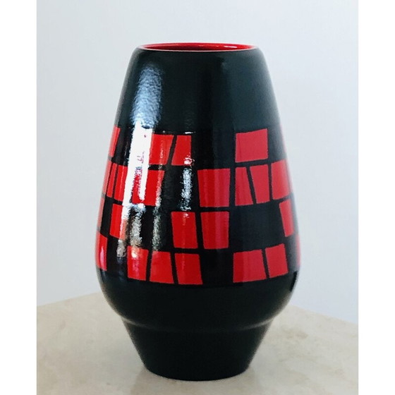 Image 1 of Vintage pear-shaped vase in red and black ceramic by Elchinger, France 1960