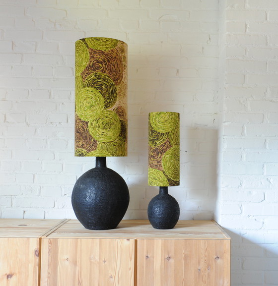 Image 1 of Vintage brutalist black lamp base of chamotte clay with new handmade lampshade of original vintage fabric
