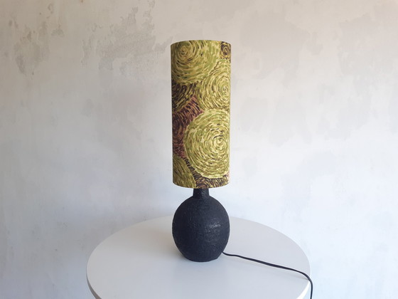Image 1 of Vintage brutalist black lamp base of chamotte clay with new handmade lampshade of original vintage fabric