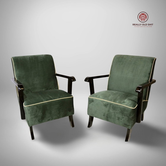 Image 1 of Set of 2 Halabala H-286 upholstered green