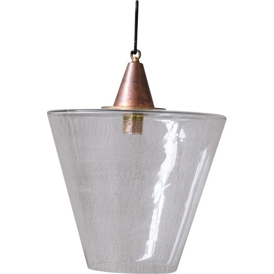 Image 1 of Lampada a sospensione conica vintage in rame e vetro, Francia 1950