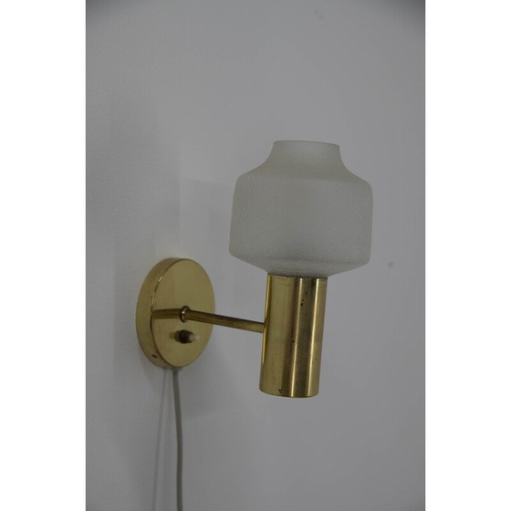 Image 1 of Pair of vintage brass and glass wall lamps, Denmark 1970