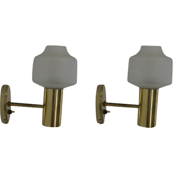 Image 1 of Pair of vintage brass and glass wall lamps, Denmark 1970