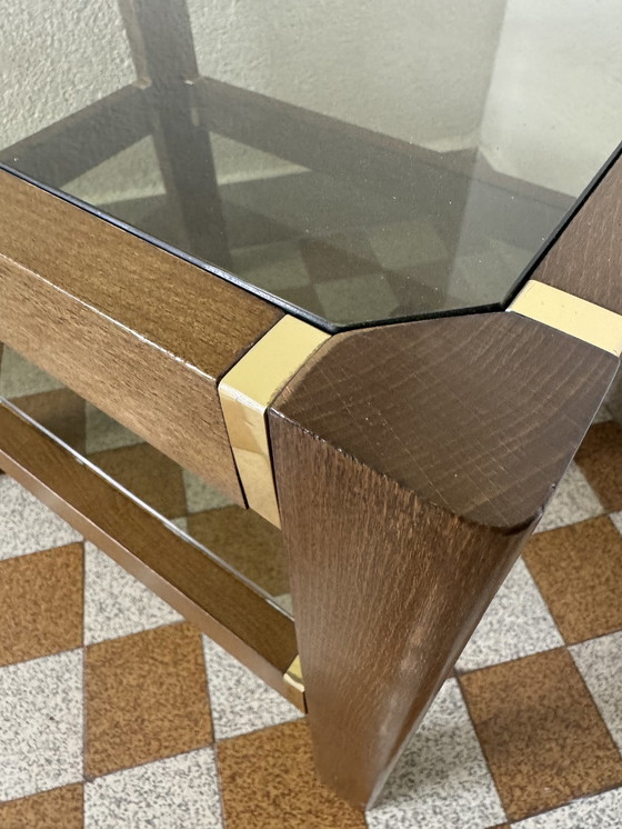 Image 1 of Elm Side Table Smoked Glass Brass 70's