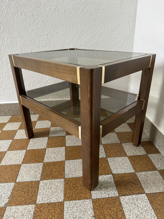 Image 1 of Elm Side Table Smoked Glass Brass 70's