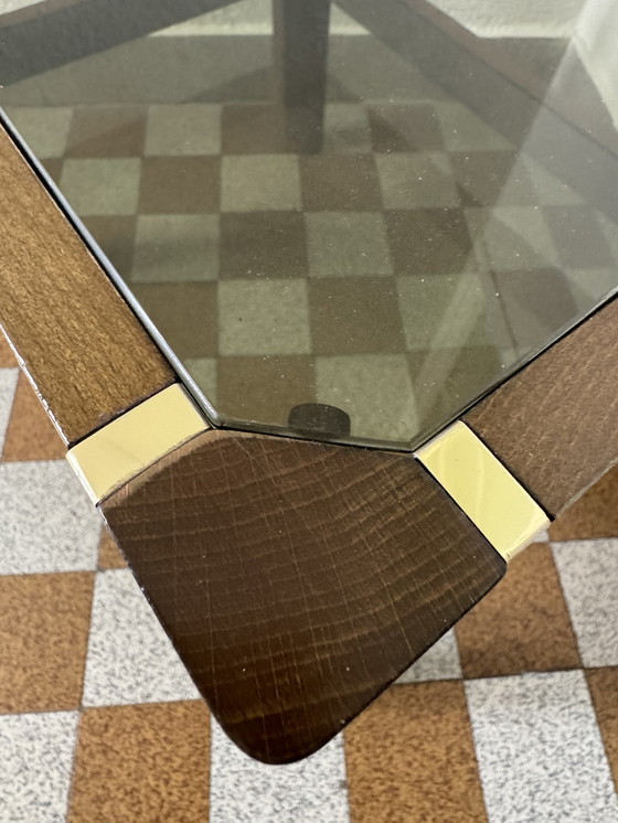 Image 1 of Elm Side Table Smoked Glass Brass 70's