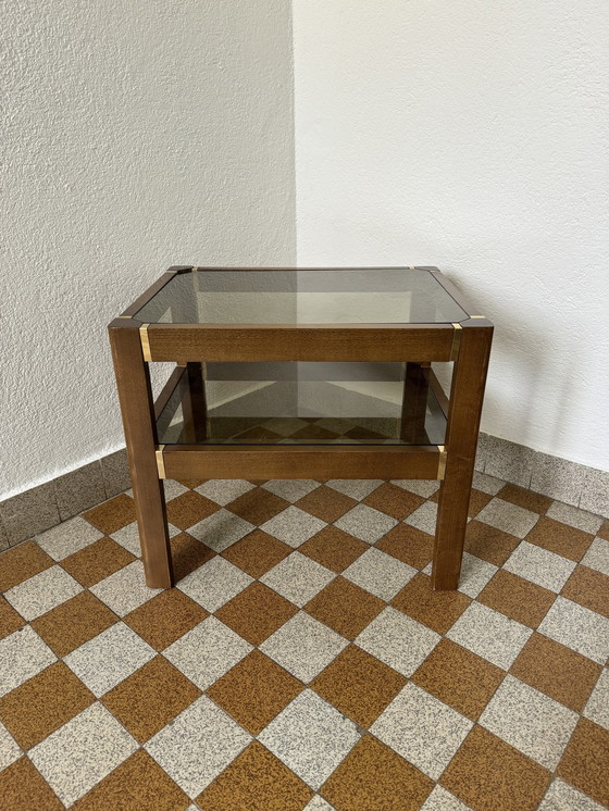 Image 1 of Elm Side Table Smoked Glass Brass 70's