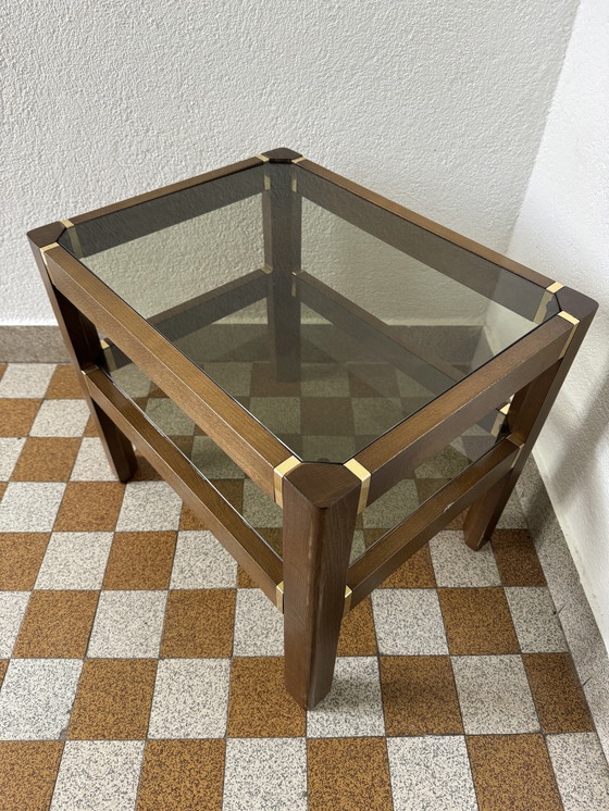 Image 1 of Elm Side Table Smoked Glass Brass 70's