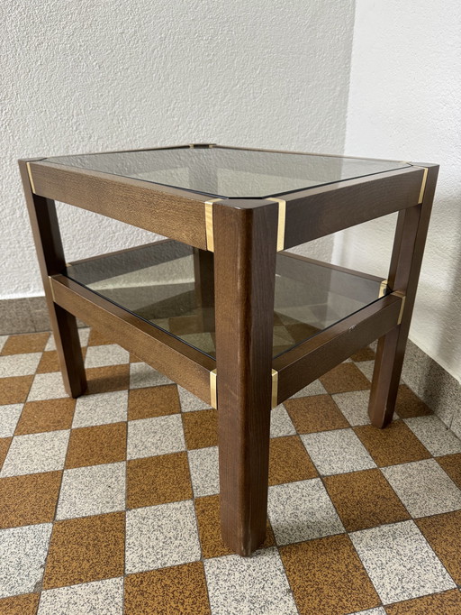 Elm Side Table Smoked Glass Brass 70's