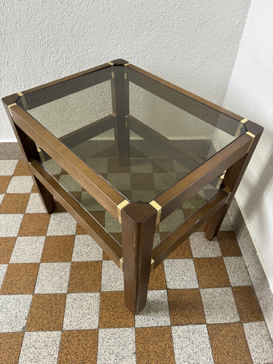 Image 1 of Elm Side Table Smoked Glass Brass 70's